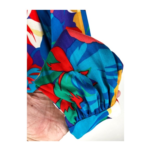 Jimmy Garcia Blouse 80s flowers Shoulder Pads Multicolor Long Sleeve Size Large. - Picture 2 of 5